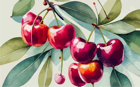 Cherry branch with ripe berries and leaves. Vector illustration in watercolor style.のイラスト素材