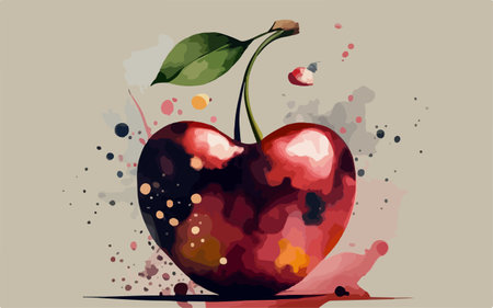Illustration of a cherry with watercolor splashes on a gray backgroundのイラスト素材