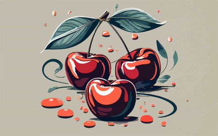 Cherries with leaves and seeds on a gray background. Vector illustration.