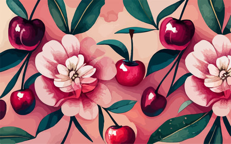 Seamless pattern with cherry and leaves on watercolor background.のイラスト素材