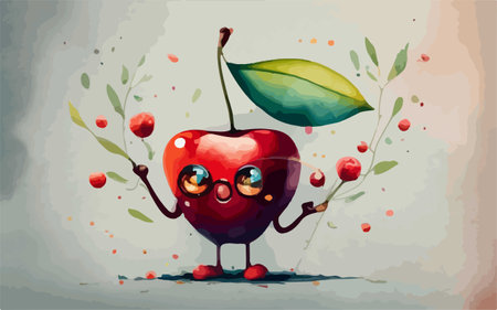 Cute cartoon cherry fruit character with eyes and mouth, vector illustrationのイラスト素材