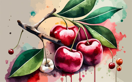 Cherry on watercolor background. Hand drawn illustration. Vector.のイラスト素材