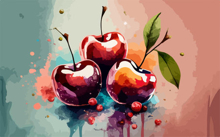 Illustration of cherries with watercolor splashes on colorful backgroundのイラスト素材