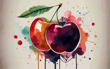 Cherry on grunge background with watercolor splashes. Vector illustration.のイラスト素材