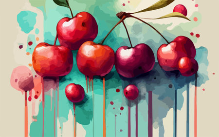 Illustration of cherry on watercolor background with splashes and blots