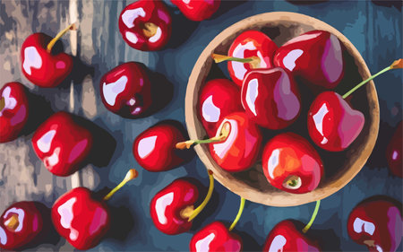 Cherries in a wooden bowl on a wooden background. Vector illustrationのイラスト素材