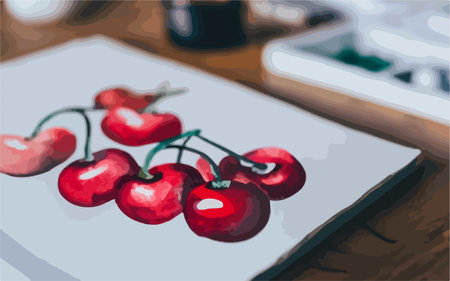 Cherries on a wooden table in a cafe. Vector illustrationのイラスト素材
