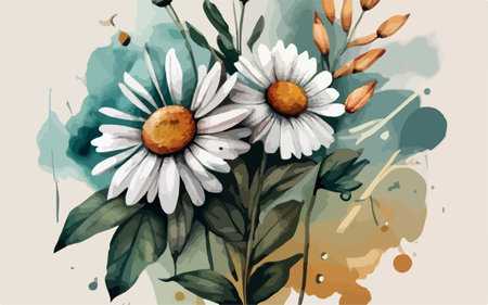 Chamomile bouquet on watercolor background. Vector illustration.のイラスト素材
