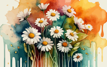 Hand drawn watercolor background with daisies. Vector illustration.のイラスト素材