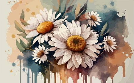 Watercolor daisies on grunge background. Vector illustration.のイラスト素材