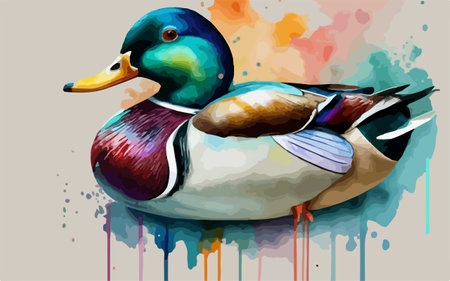 Colorful watercolor illustration of a duck on a watercolor backgroundのイラスト素材