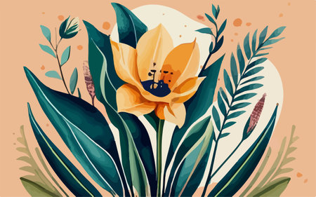 Tulip flower and leaves. Hand drawn vector illustration. Floral background.のイラスト素材