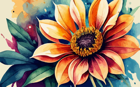 Illustration of an orange sunflower on a watercolor background.のイラスト素材