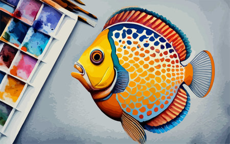 Illustration of a tropical fish on a wall with a picture frameのイラスト素材