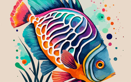 Colorful vector illustration of a tropical fish on a watercolor backgroundのイラスト素材
