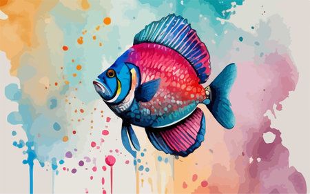 Illustration of a colorful tropical fish on a watercolor background.