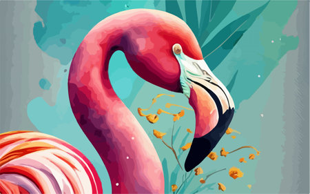 Pink flamingo on a background of tropical flowers. Vector illustration.のイラスト素材