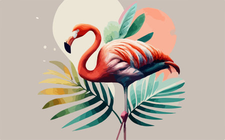 Illustration of flamingo with tropical leaves on a light background.のイラスト素材