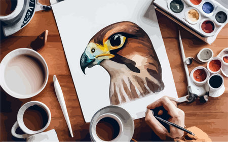 Illustration of a female artist painting a falcon with watercolorsのイラスト素材