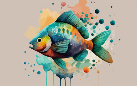 Illustration of a colorful goldfish on a grunge background.