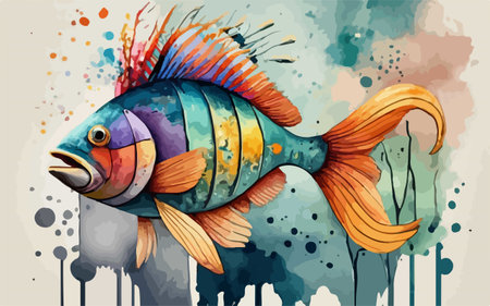Illustration of a watercolor fish on a grunge background.
