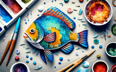 Watercolor illustration of a tropical fish with paints and brushes on the tableのイラスト素材