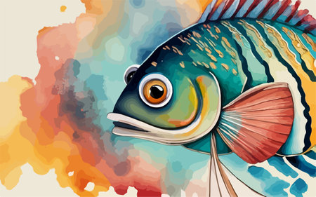 Illustration of a colorful fish on a watercolor background, vectorのイラスト素材