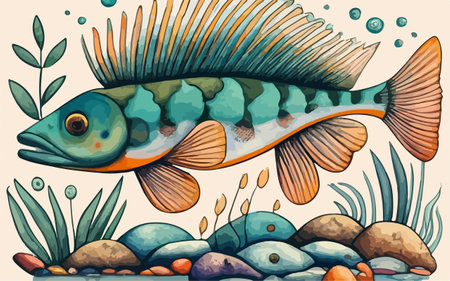 Vector illustration of a fish in the water with algae and algae.のイラスト素材
