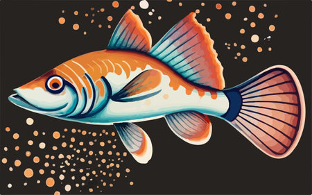 Illustration of a salmon on a dark background with splashes.のイラスト素材