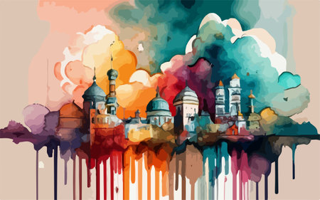 Beautiful watercolor illustration of the skyline of the old city.のイラスト素材