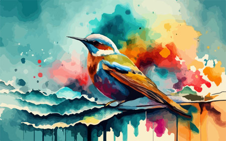 Colorful bird on the background of a watercolor landscape. Vector illustrationのイラスト素材