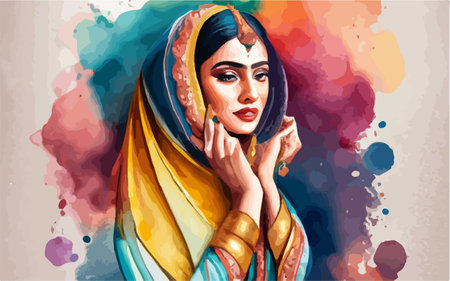 Illustration of beautiful indian girl in headscarf and colorful blotsのイラスト素材