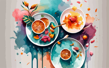 Set of watercolor dishes with fruits and vegetables. Vector illustration.のイラスト素材