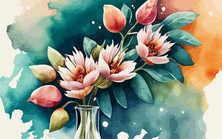 Bouquet of flowers in vase on watercolor background.のイラスト素材