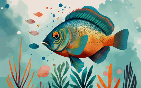 Vector illustration of a fish on the background of watercolor stains.
