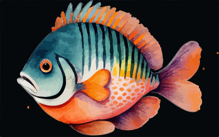 watercolor illustration of a tropical fish, isolated on black background.
