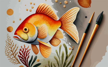 Illustration of a goldfish and a paintbrush on a gray backgroundのイラスト素材