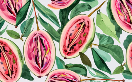 Seamless pattern with watermelon and leaves. Vector illustration.のイラスト素材