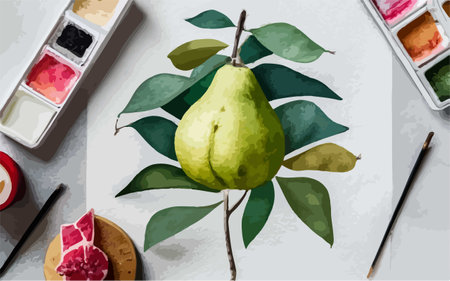 Watercolor painting of a pear on the table. Vector illustration.のイラスト素材