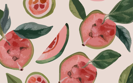 Seamless pattern with hand drawn watercolor guava fruits.のイラスト素材