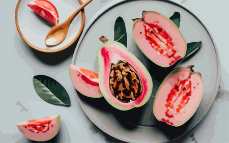 Illustration of guava on plate with wooden spoon and watermelon