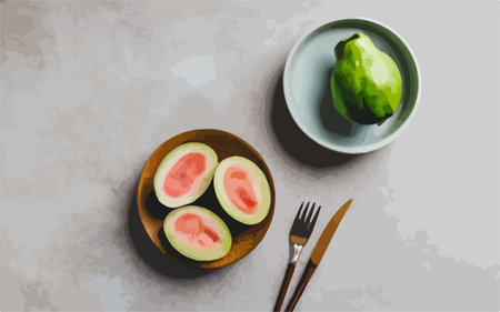 Illustration of guava fruit on wooden plate with cutleryのイラスト素材