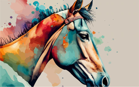 Horse head on colorful watercolor background. Horse portrait. Vector illustrationのイラスト素材