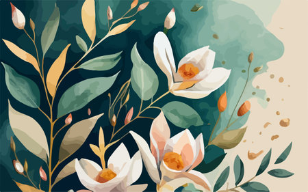 Beautiful floral background with magnolia flowers and leaves. Vector illustration.のイラスト素材