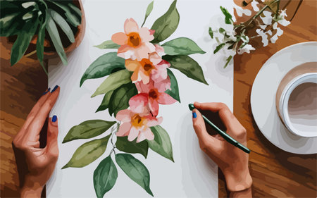 Woman draws a bouquet of flowers on a white sheet of paperのイラスト素材
