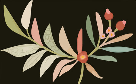 Decorative olive branch with flowers and leaves. Hand drawn vector illustration.のイラスト素材