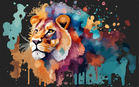 Lion head with colorful splashes on black background. Vector illustration.のイラスト素材