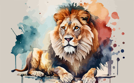 Watercolor illustration of a lion on a background of watercolor stainsのイラスト素材
