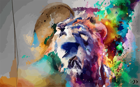 Illustration of a tiger head on a background of colorful splashesのイラスト素材