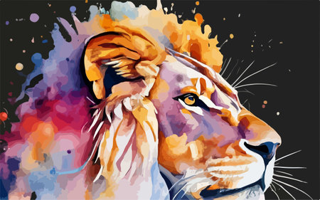 Lion and lioness in watercolor splashes. Vector illustration.のイラスト素材